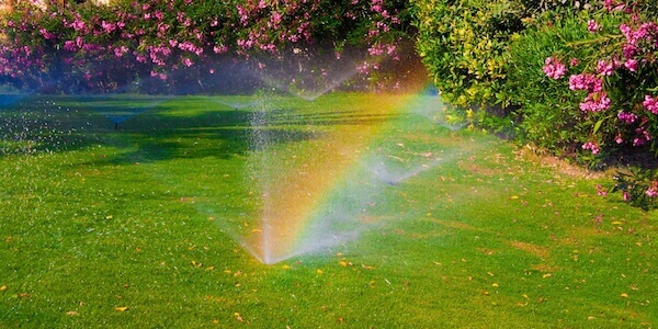 beautiful landscape with automatic  sprinkler spraying  watering the lawn in the home garden with a rainbow in water drops