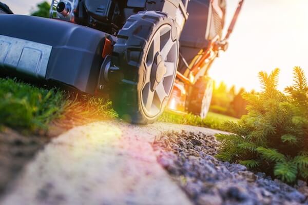 Lawn Mowing Closeup Photo. Professional Landscaping Works. Grass Cut.