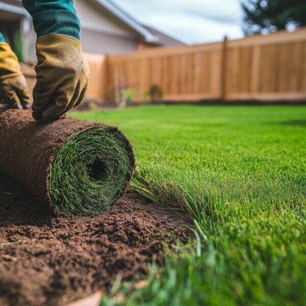 A gardener carefully rolls out new sod on freshly turned soil in a backyard. The sunlight highlights the vibrant green grass, ensuring a beautiful new lawn.