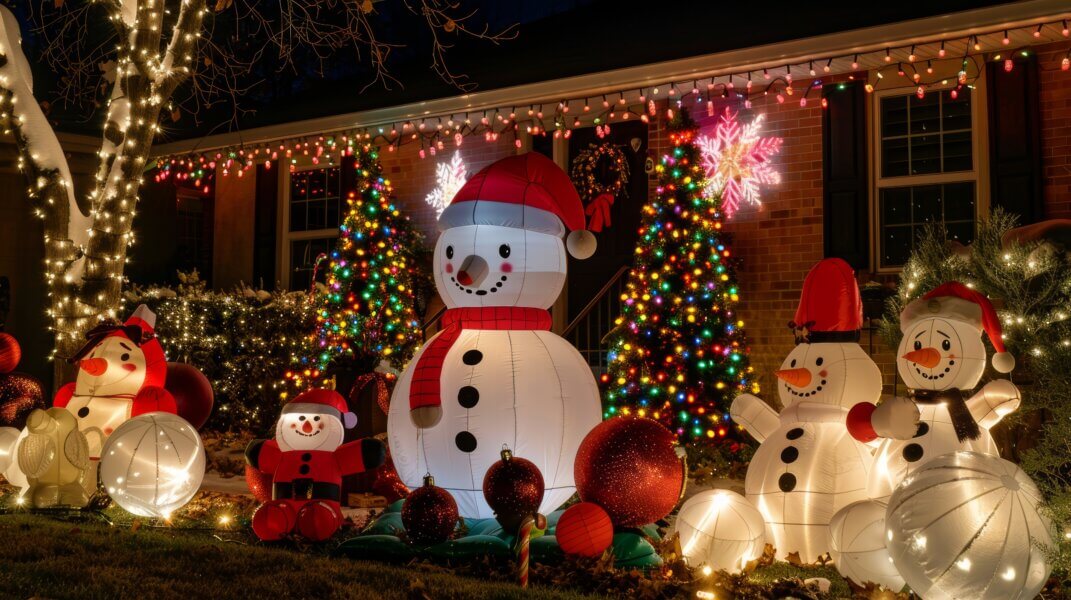 Festive front yard display featuring illuminated inflatable santa claus, snowman, and holiday-themed ornaments. strung twinkling lights adorn the house and trees, celebrating the cheerful christmas spirit with bright and colorful decor.